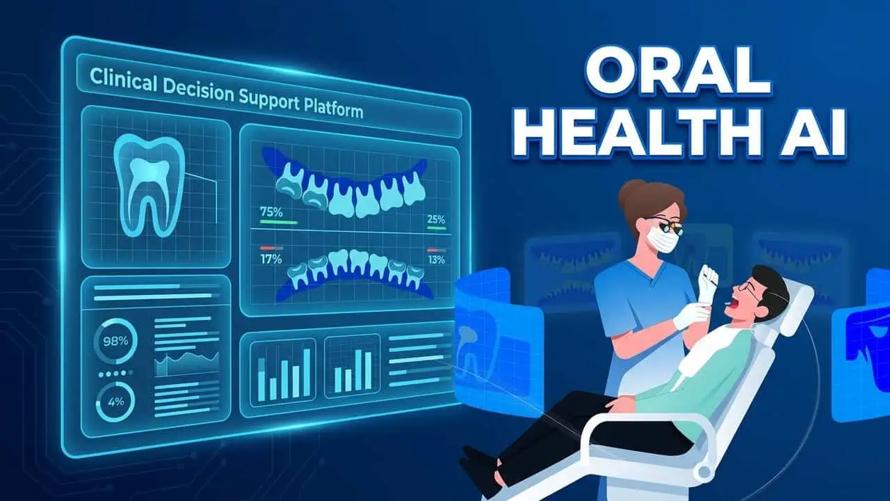 An illustrated 2D animation graphic showcasing VivaDent's clinical decision support platform and data visualization for dental health.