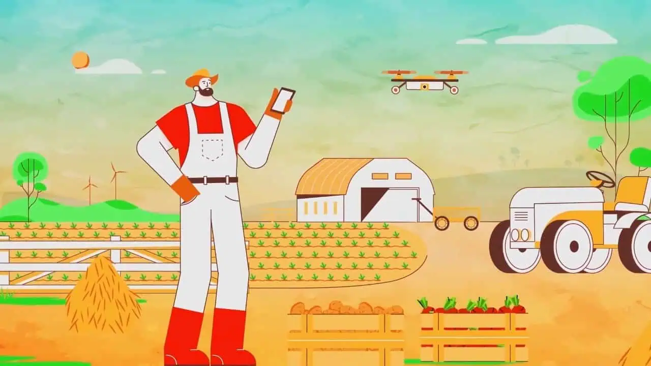Vibrant 2D animated scene showcasing innovative and sustainable modern farming techniques for agricultural company Vana.