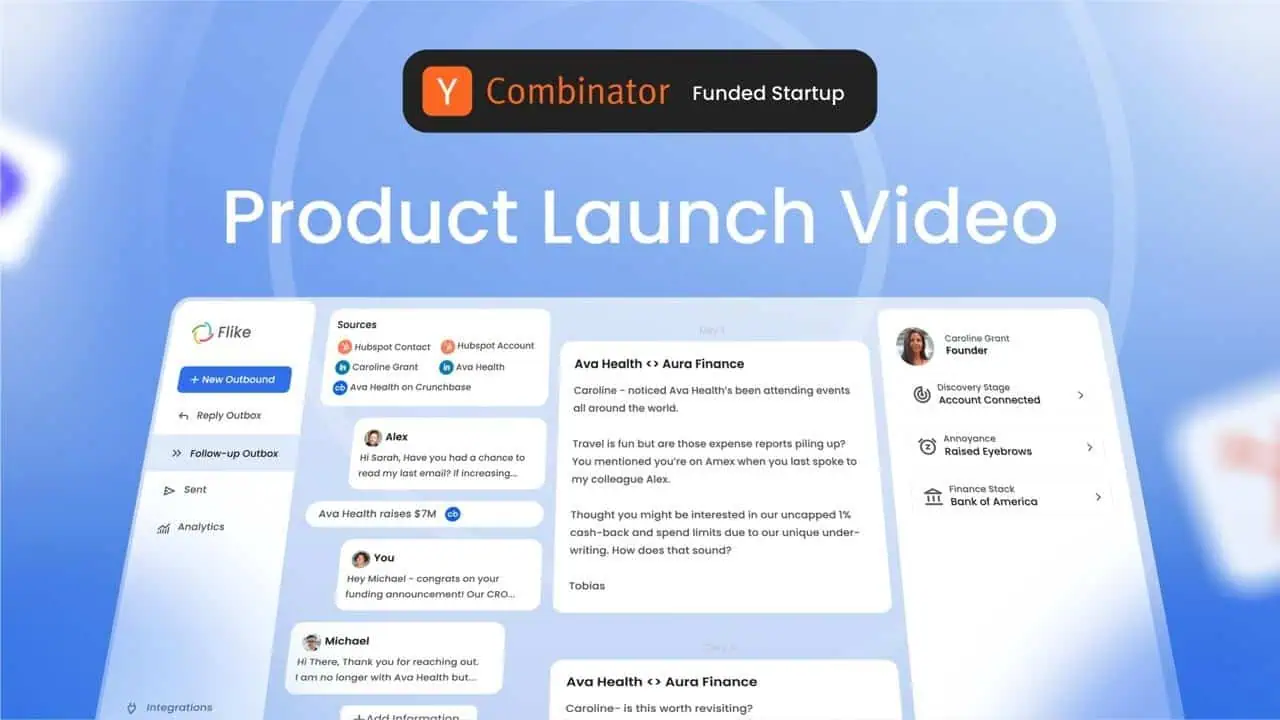 A dynamic thumbnail for Flike's SaaS explainer video, showcasing the Flike AI email wizard interface alongside integration icons.